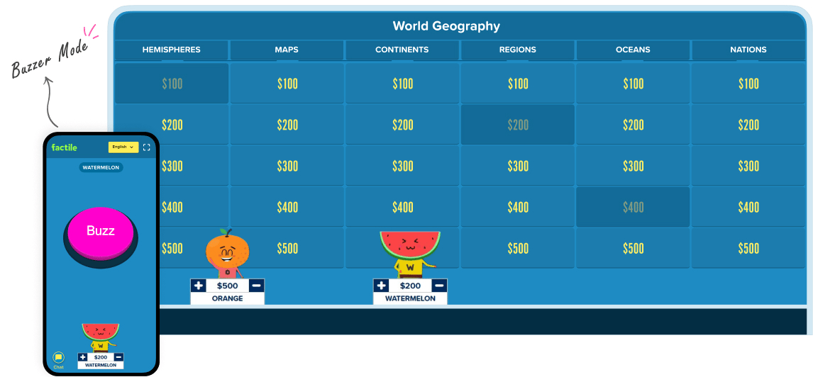 Factile Jeopardy game interface with game board, mobile buzzers, and real-time scoring system