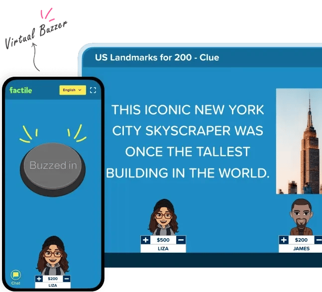 Factile live buzzer mode showing a US landmarks clue about a New York City skyscraper during gameplay.