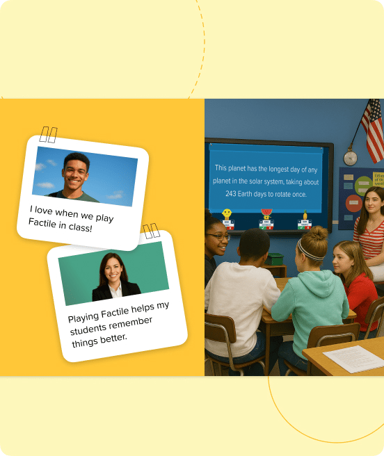 Teacher using Factile Jeopardy game in classroom with students engaging on their devices for interactive learning