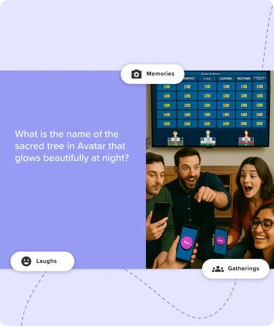 Family and friends enjoying personalized Factile Jeopardy game night at home on multiple devices