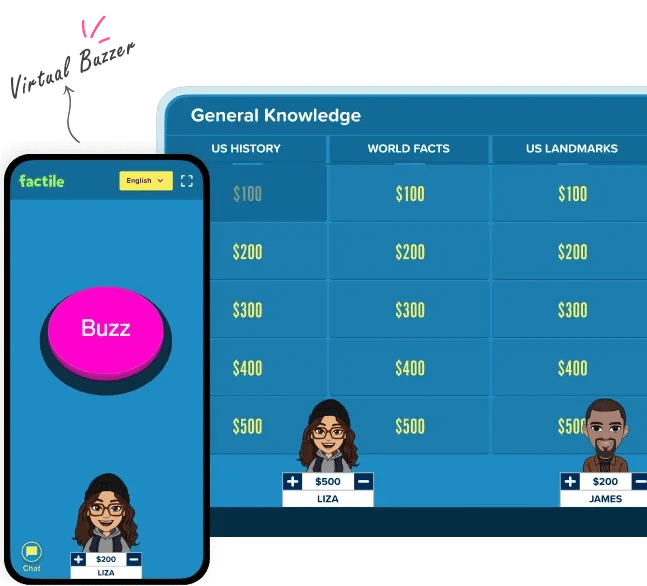 Factile buzzer quiz game board with general knowledge categories, mobile buzz button, and player scores.