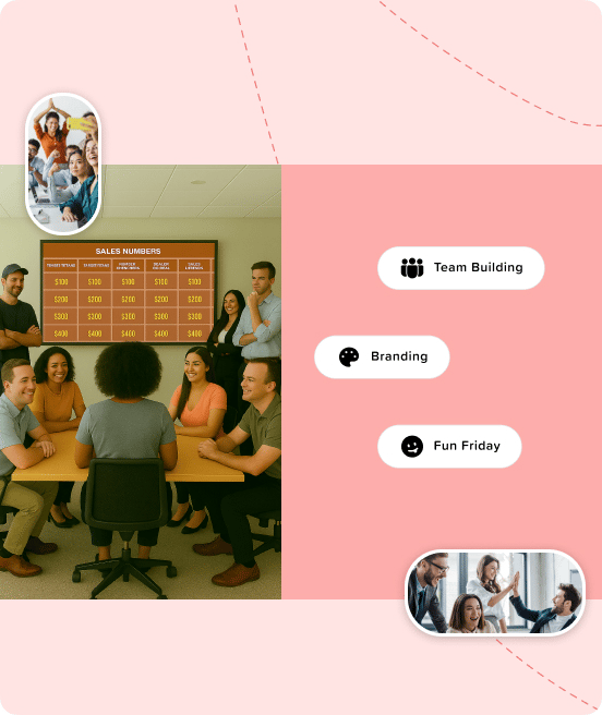 Corporate team building event with employees playing custom-branded Factile Jeopardy game on large screen