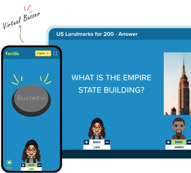 Factile live buzzer mode showing a US landmarks answer question about the Empire State Building.