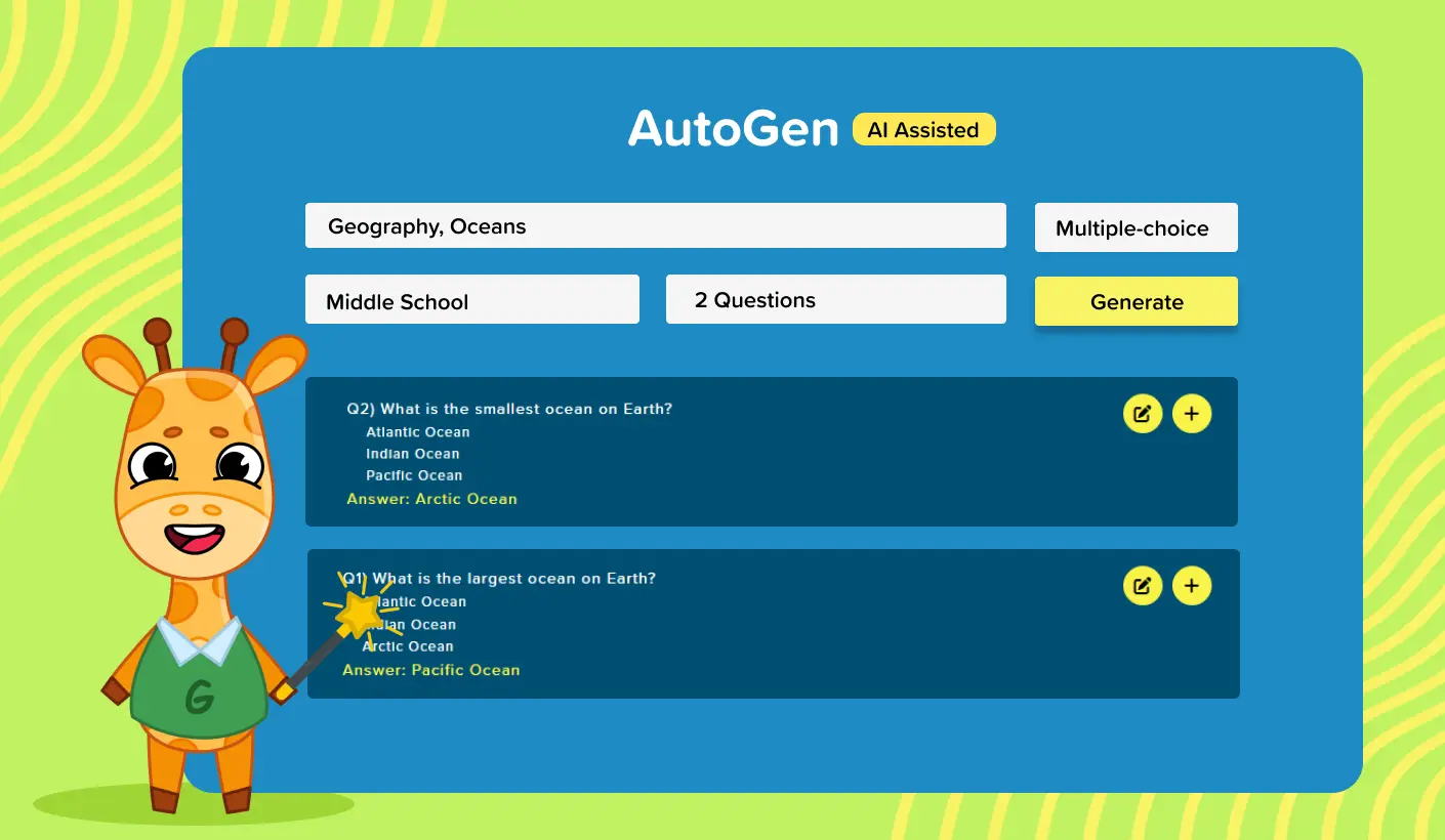 Giraffe mascot using Factile's AutoGen feature to create a Jeopardy game in minutes using AI for middle school students on the topic 'Geography, Oceans'.