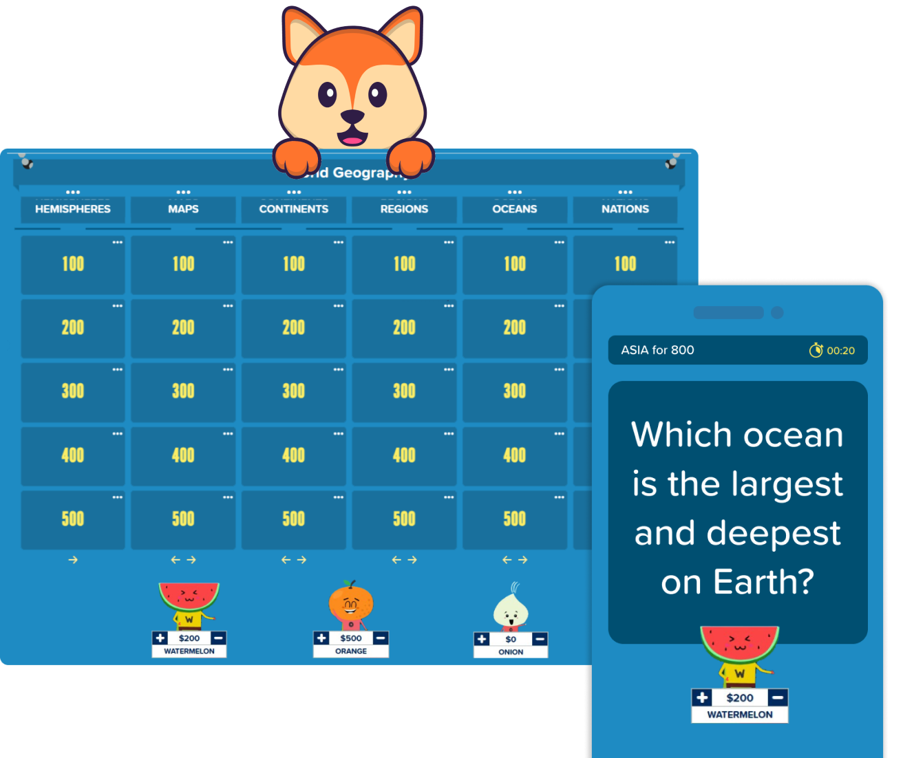 A Jeopardy game is being played in Factile Mode on a laptop as well as a mobile phone, showcasing that Factile is compatible with different devices.